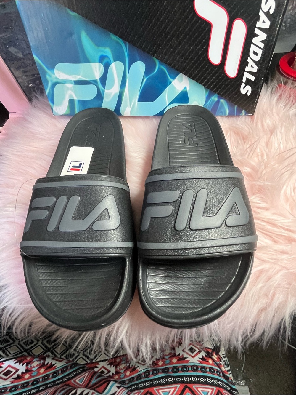 Fila Men’s Black Slide Sandals with Embossed Logo